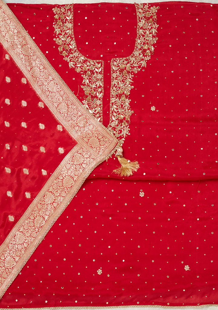 Red Cutdana Crepe Unstitched Salwar Suit