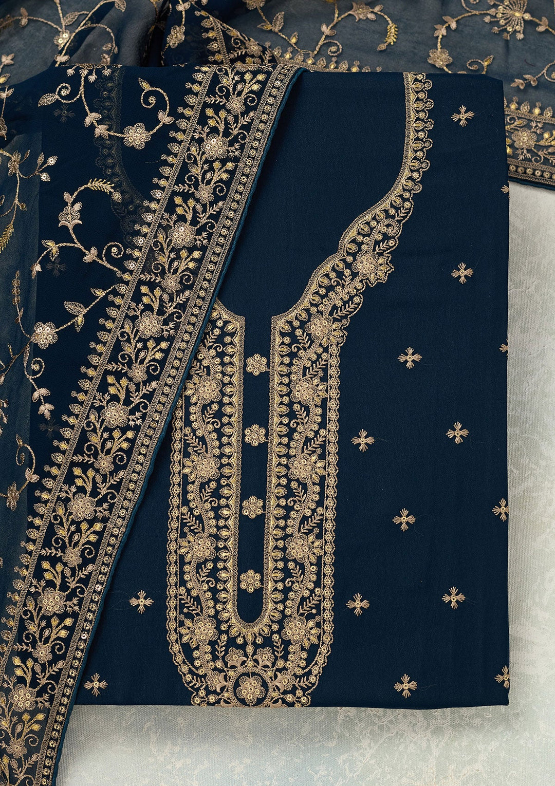Navy Blue Threadwork Georgette Unstitched Salwar Suit
