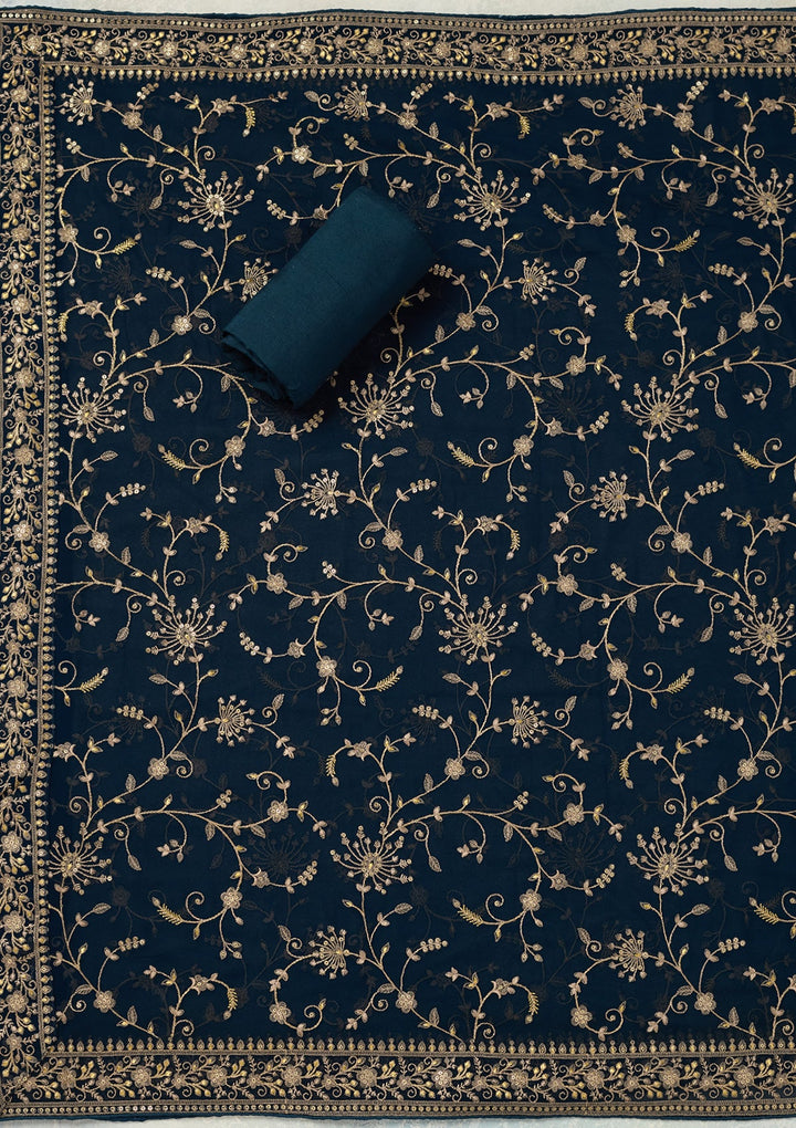 Navy Blue Threadwork Georgette Unstitched Salwar Suit