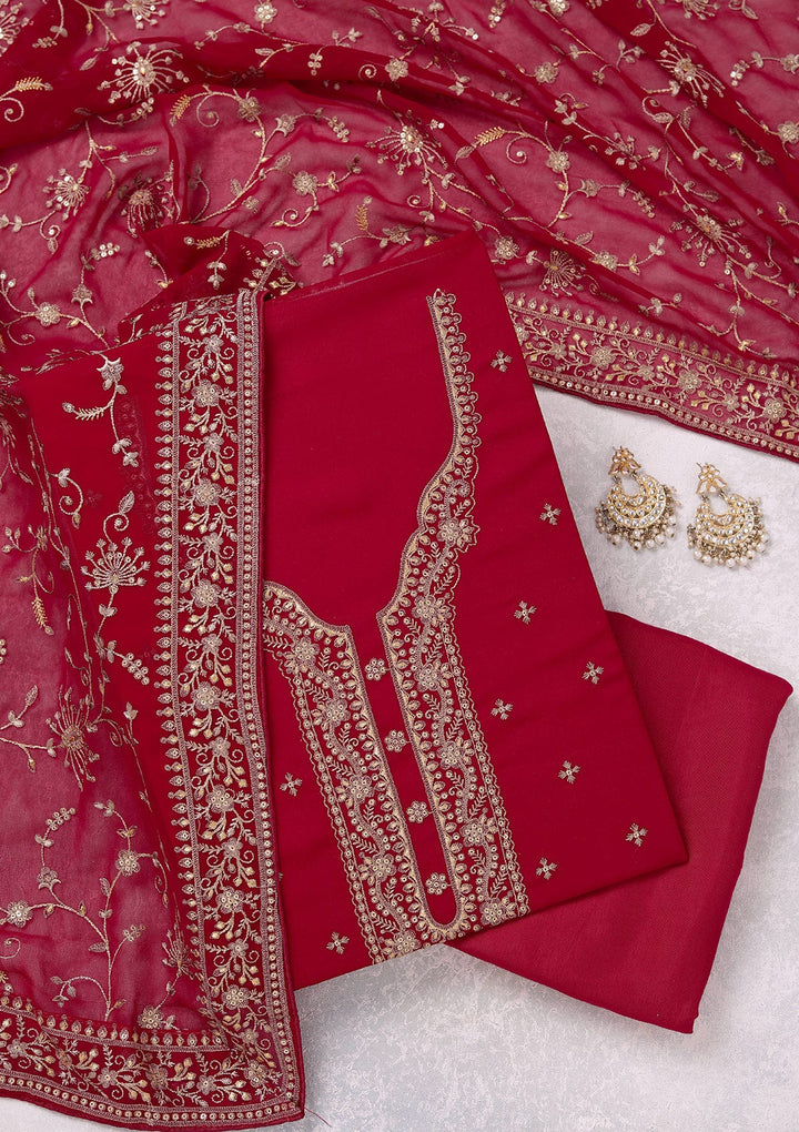 Rani Pink Threadwork Georgette Unstitched Salwar Suit