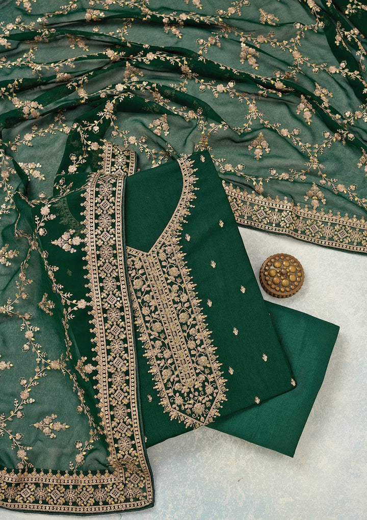Bottle Green Threadwork Georgette Unstitched Salwar Suit