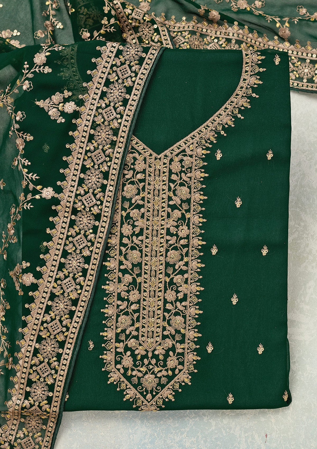 Bottle Green Threadwork Georgette Unstitched Salwar Suit
