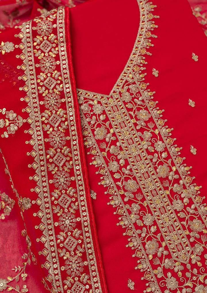 Red Threadwork Georgette Unstitched Salwar Suit