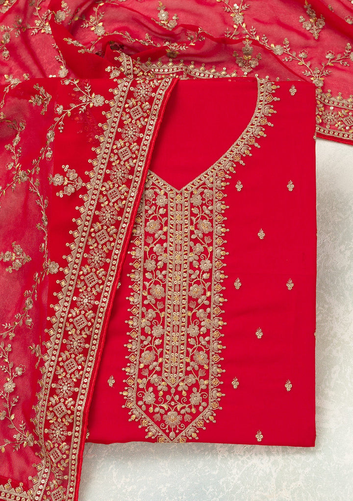 Red Threadwork Georgette Unstitched Salwar Suit