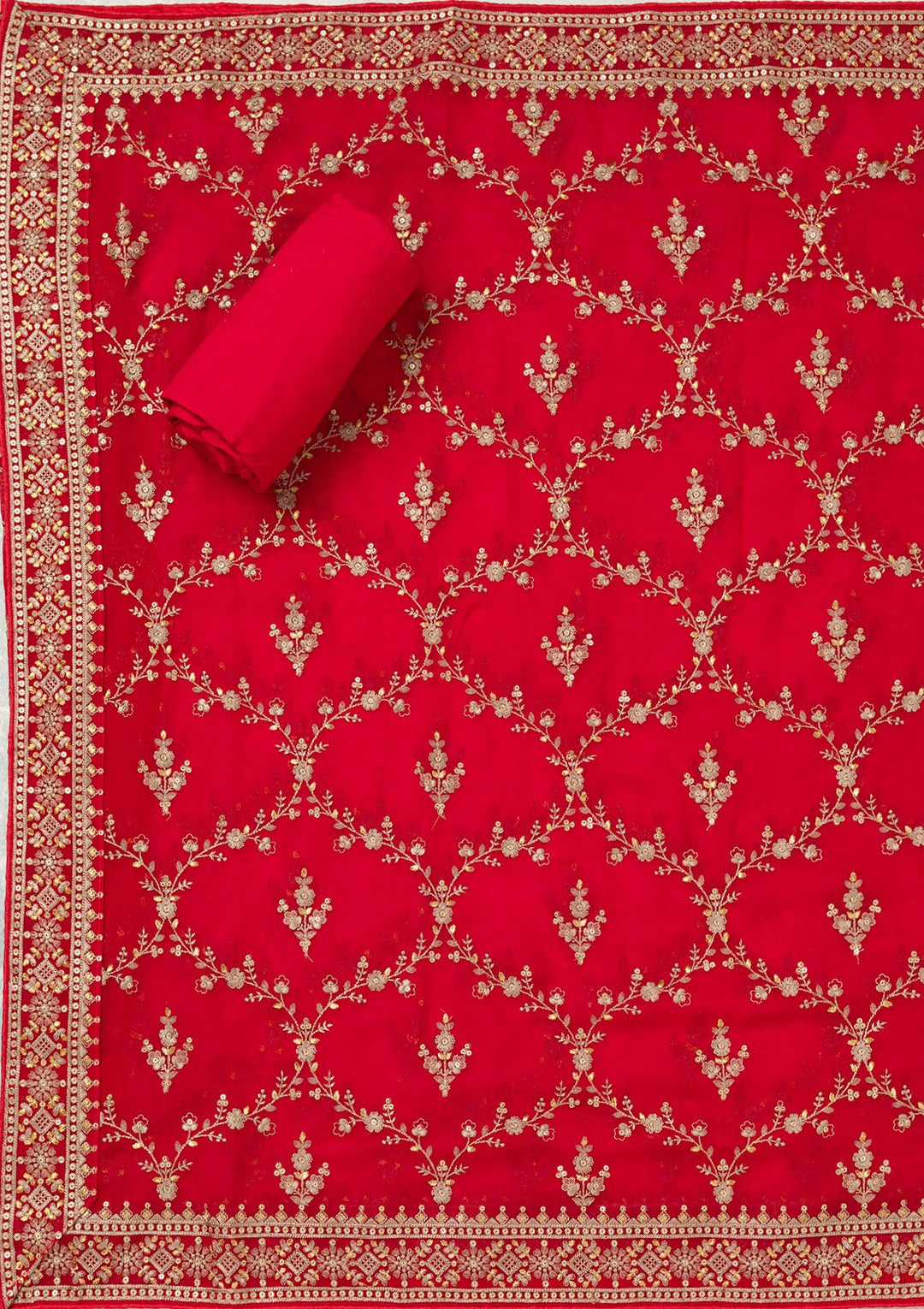Red Threadwork Georgette Unstitched Salwar Suit