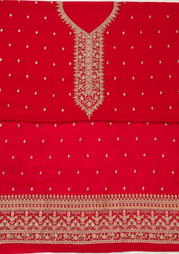 Red Threadwork Georgette Unstitched Salwar Suit