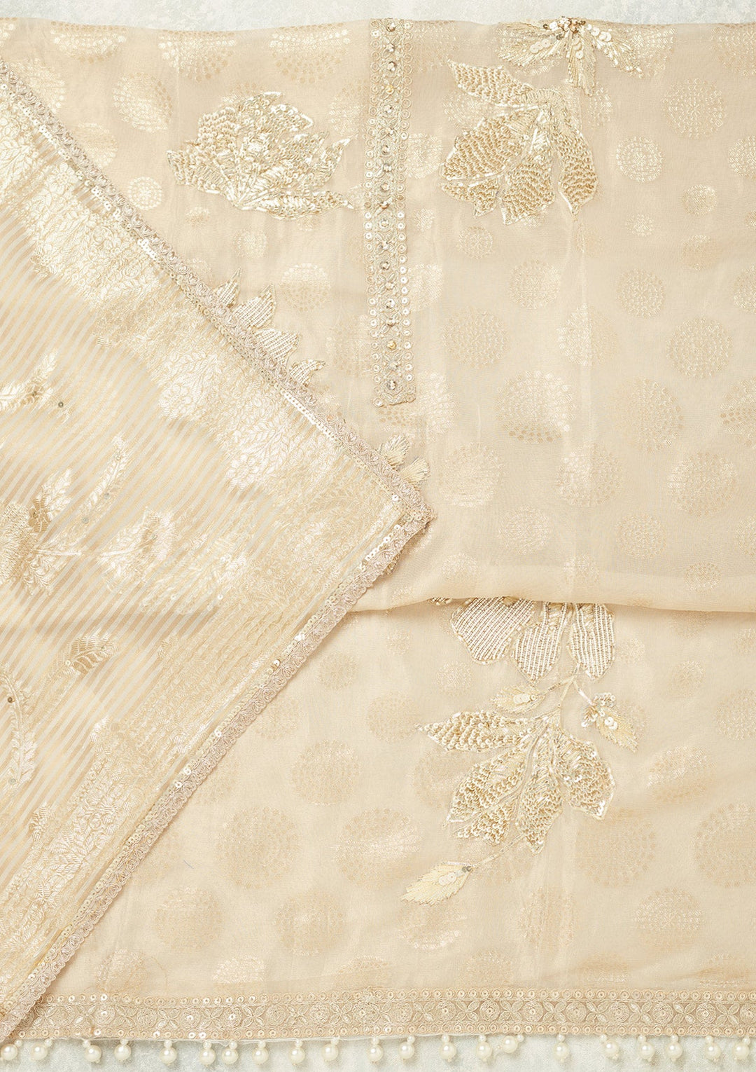 Beige Zariwork (Gold) Tissue Unstitched Salwar Suit