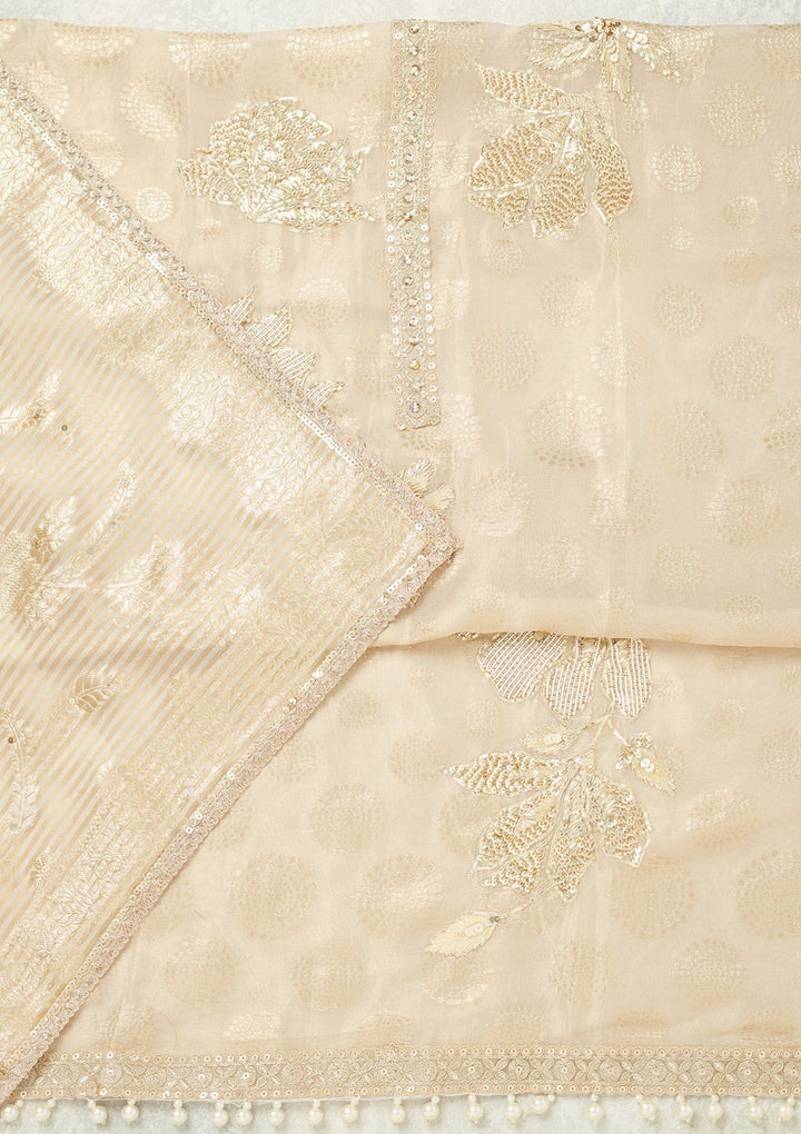 Beige Zariwork (Gold) Tissue Unstitched Salwar Suit