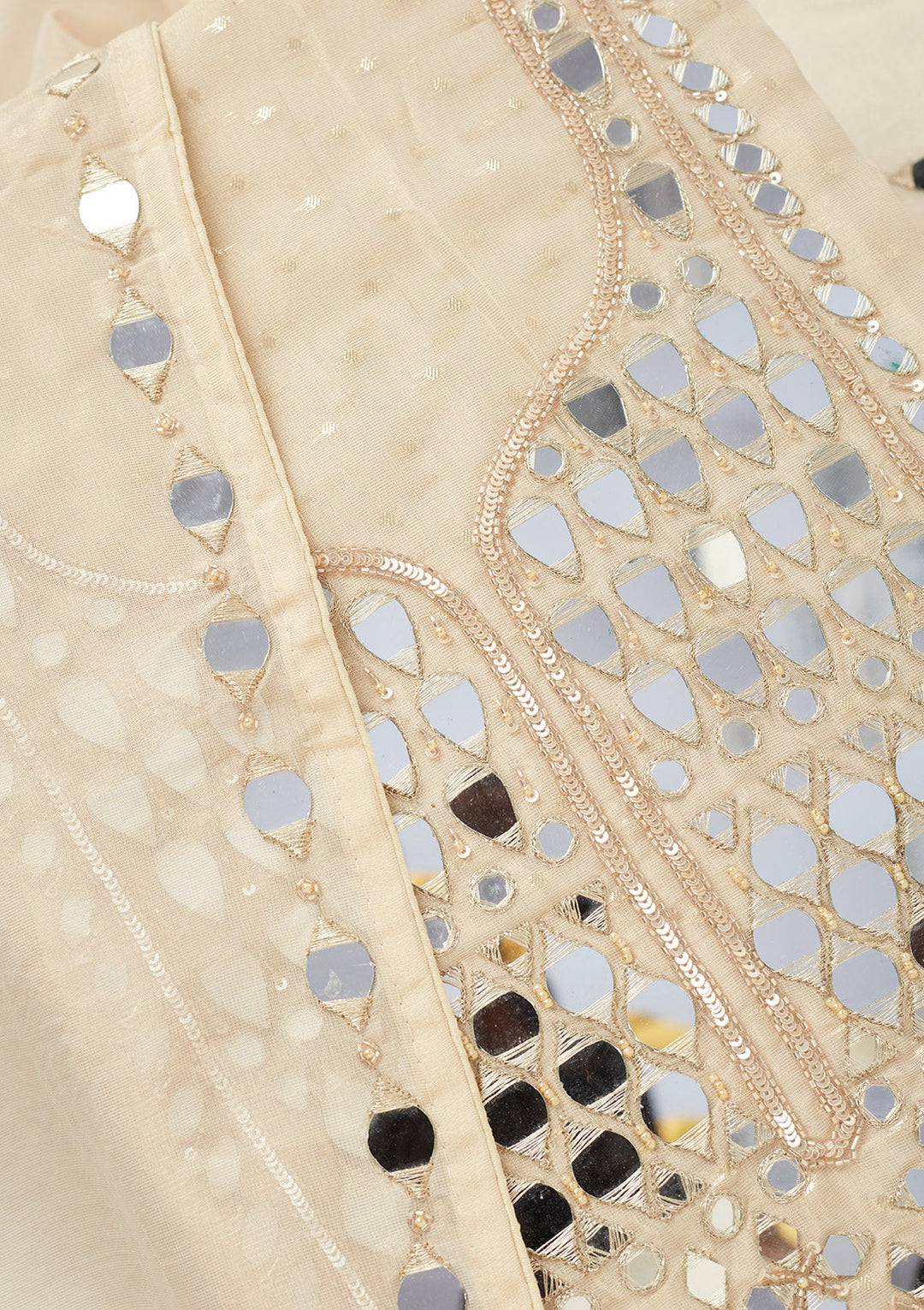 Beige Mirrorwork Tissue Unstitched Salwar Suit