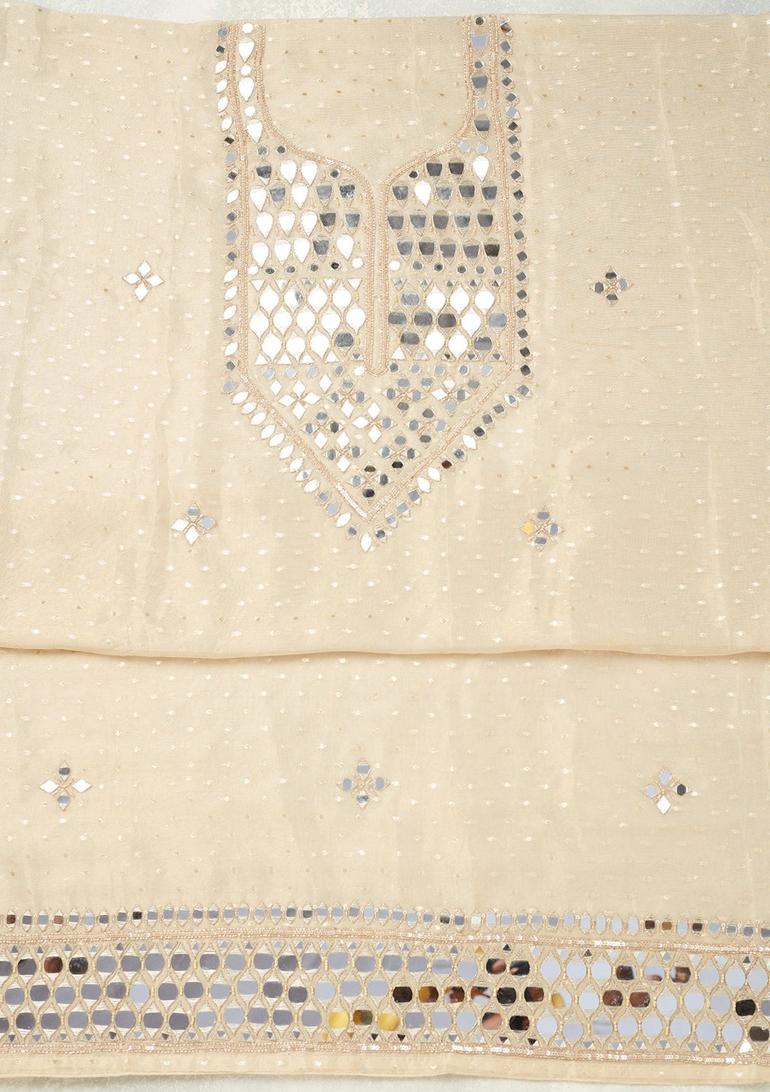 Beige Mirrorwork Tissue Unstitched Salwar Suit