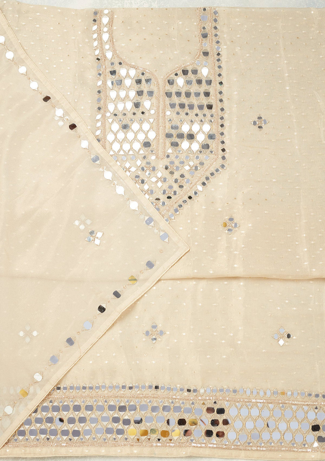 Beige Mirrorwork Tissue Unstitched Salwar Suit