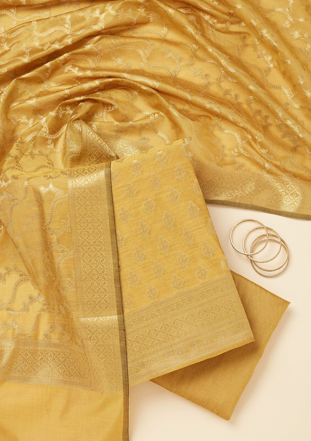 Mustard Zariwork (Gold) Silk Unstitched Salwar Suit
