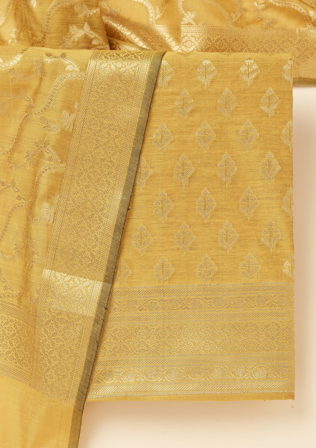 Mustard Zariwork (Gold) Silk Unstitched Salwar Suit