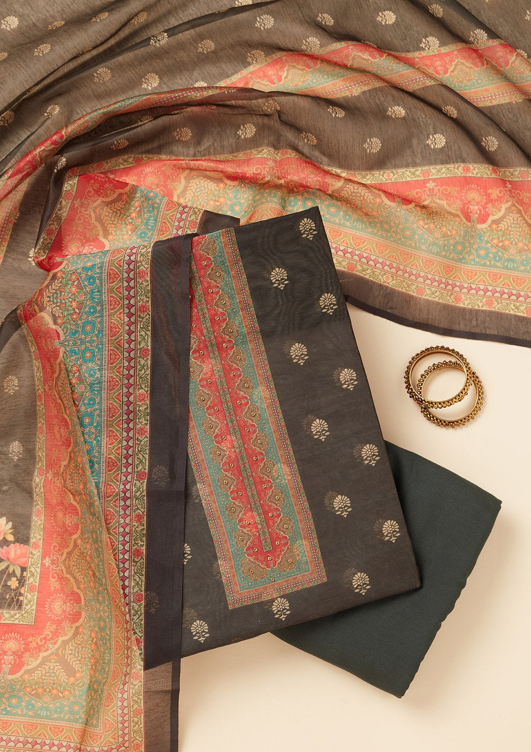 Black Zariwork (Gold) Chanderi Unstitched Salwar Suit