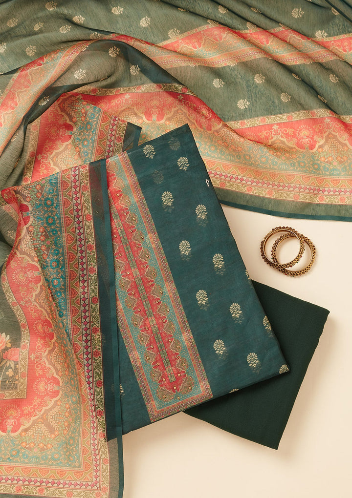 Bottle Green Zariwork (Gold) Chanderi Unstitched Salwar Suit