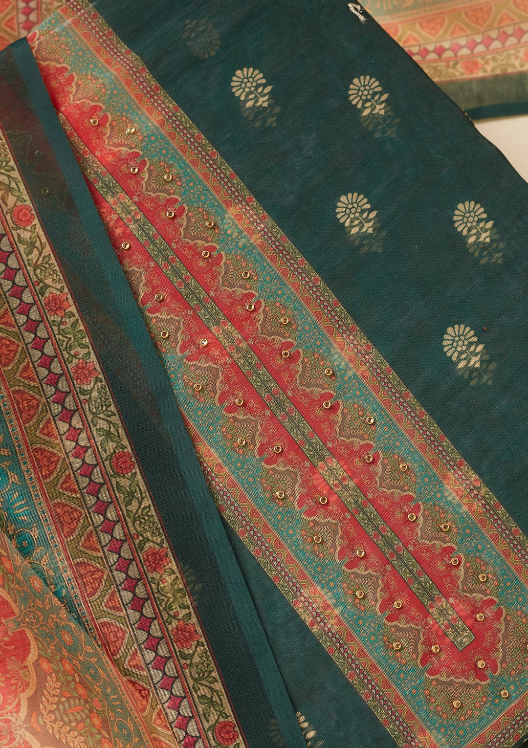 Bottle Green Zariwork (Gold) Chanderi Unstitched Salwar Suit