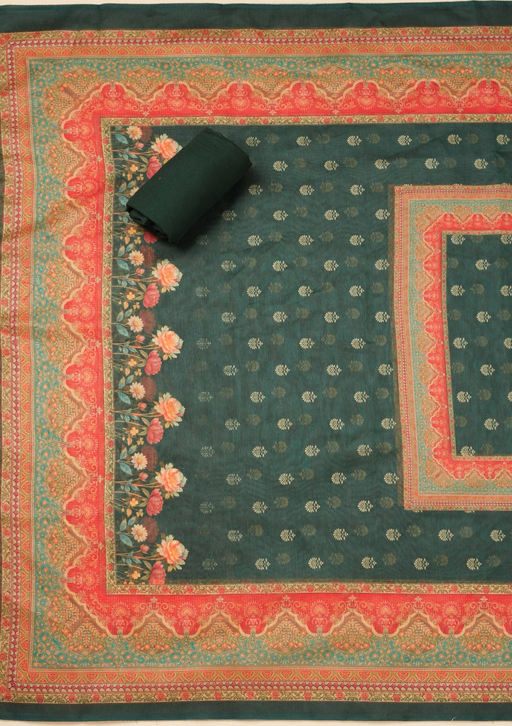 Bottle Green Zariwork (Gold) Chanderi Unstitched Salwar Suit