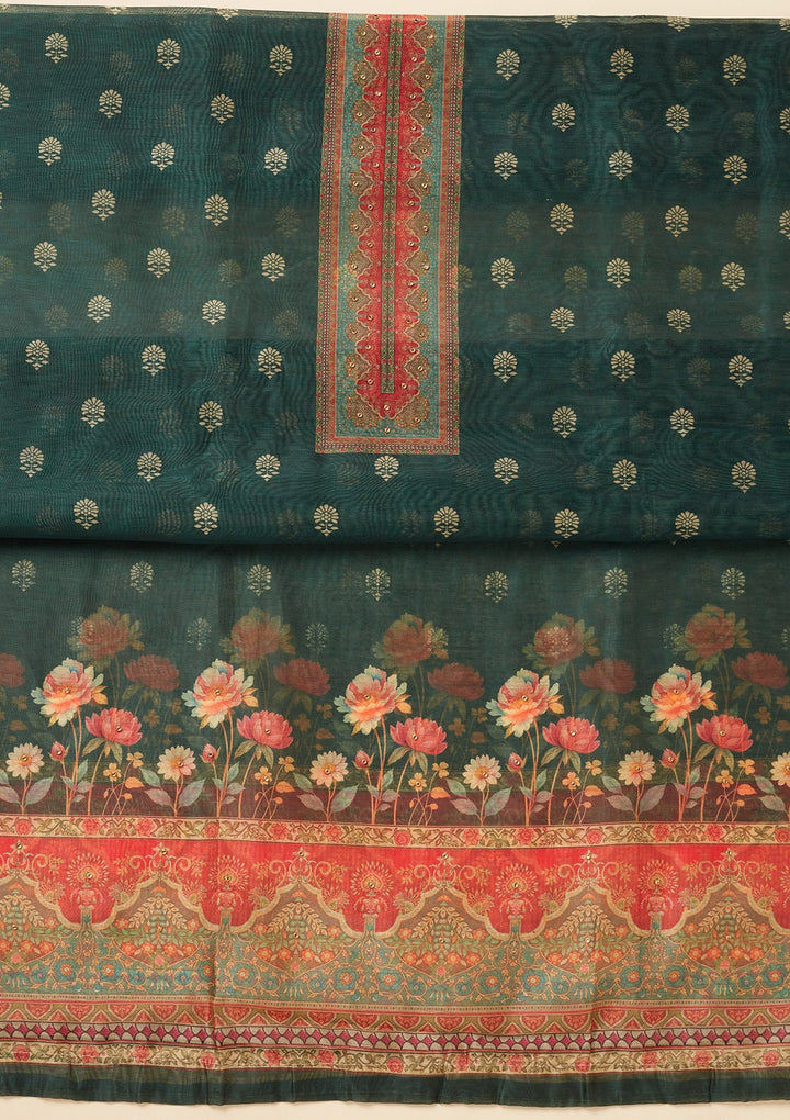 Bottle Green Zariwork (Gold) Chanderi Unstitched Salwar Suit