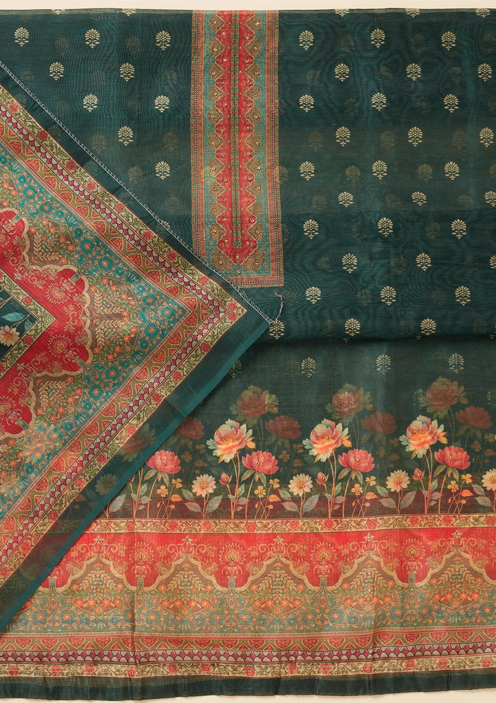 Bottle Green Zariwork (Gold) Chanderi Unstitched Salwar Suit