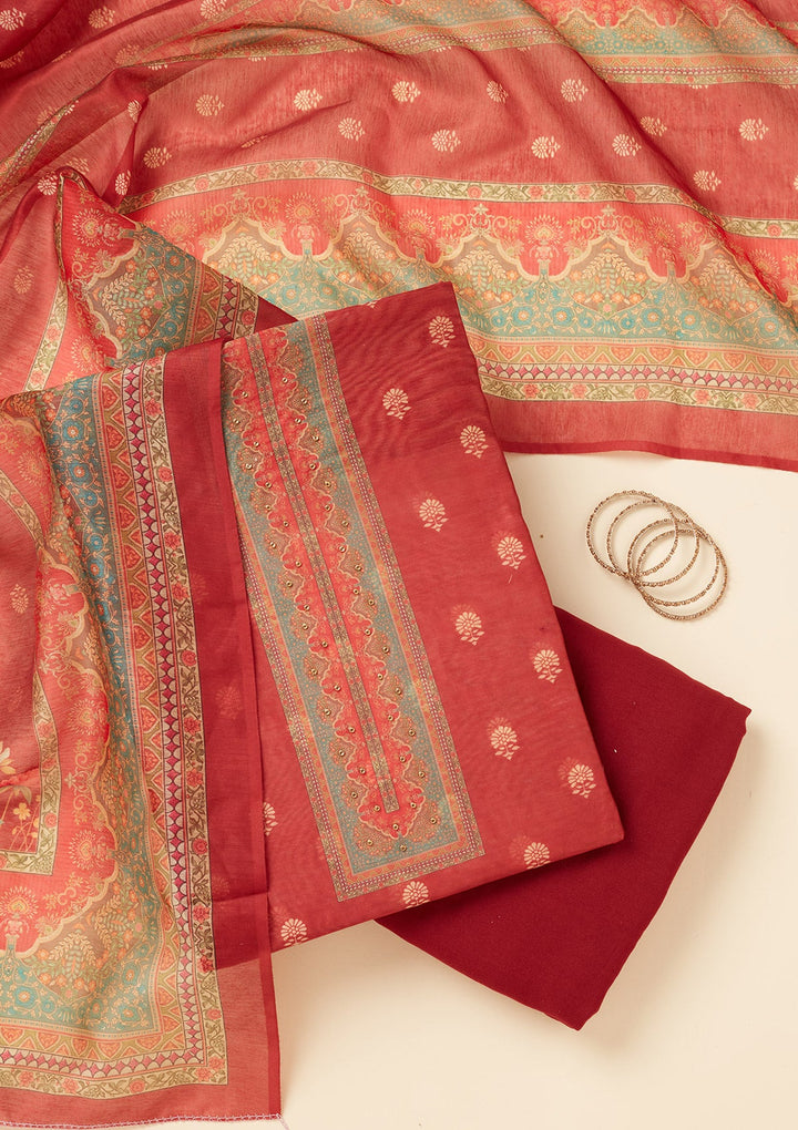 Red Zariwork (Gold) Chanderi Unstitched Salwar Suit