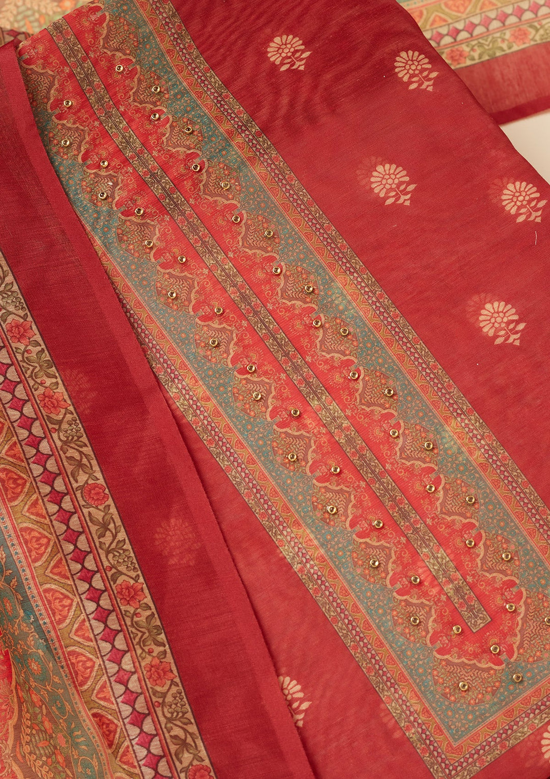Red Zariwork (Gold) Chanderi Unstitched Salwar Suit