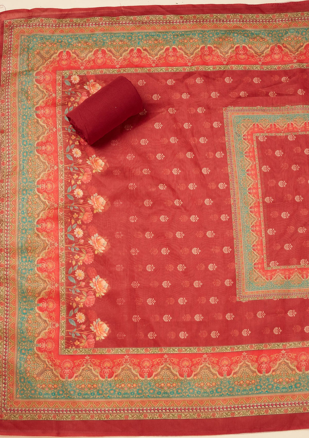 Red Zariwork (Gold) Chanderi Unstitched Salwar Suit