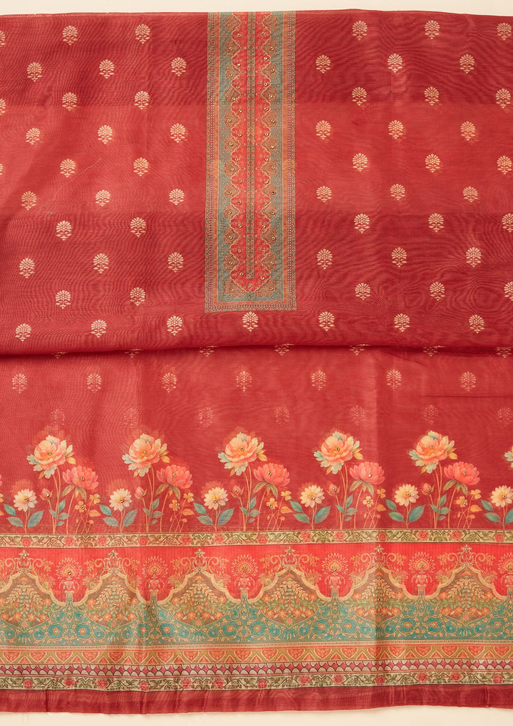 Red Zariwork (Gold) Chanderi Unstitched Salwar Suit