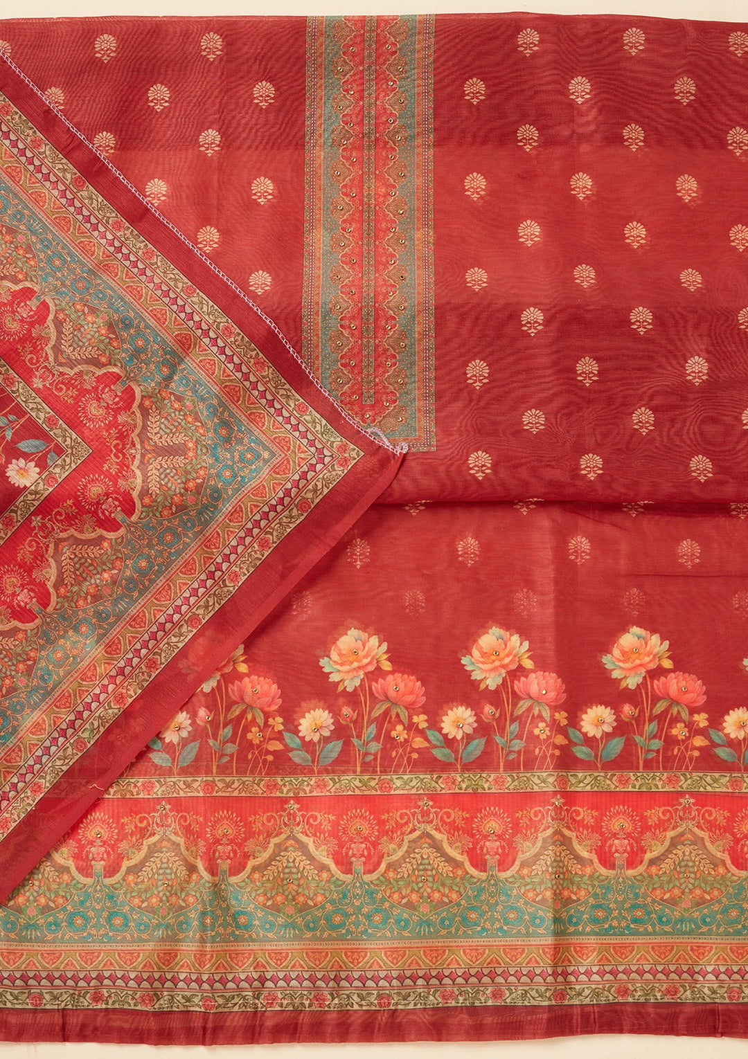 Red Zariwork (Gold) Chanderi Unstitched Salwar Suit