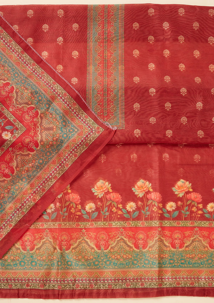 Red Zariwork (Gold) Chanderi Unstitched Salwar Suit