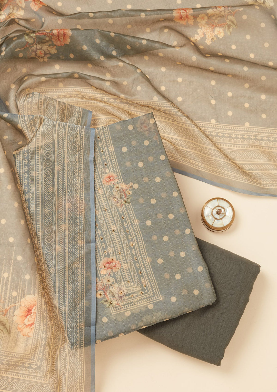 Light Grey Zariwork (Gold) Chanderi Unstitched Salwar Suit