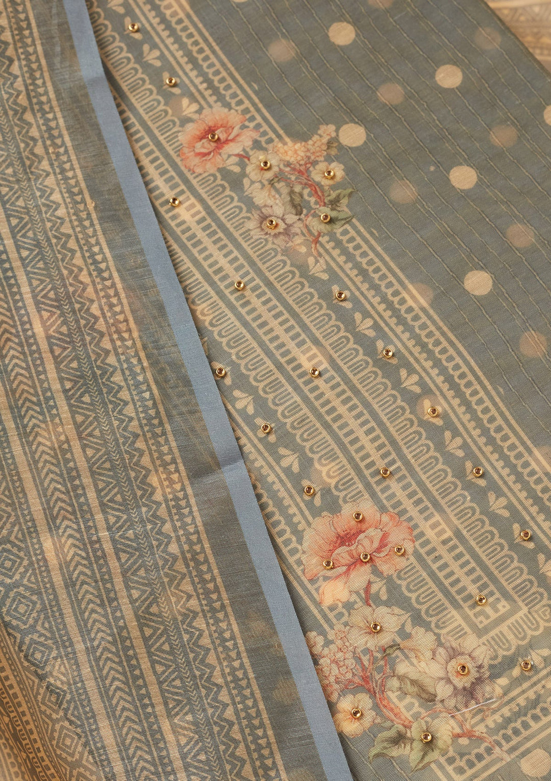 Light Grey Zariwork (Gold) Chanderi Unstitched Salwar Suit