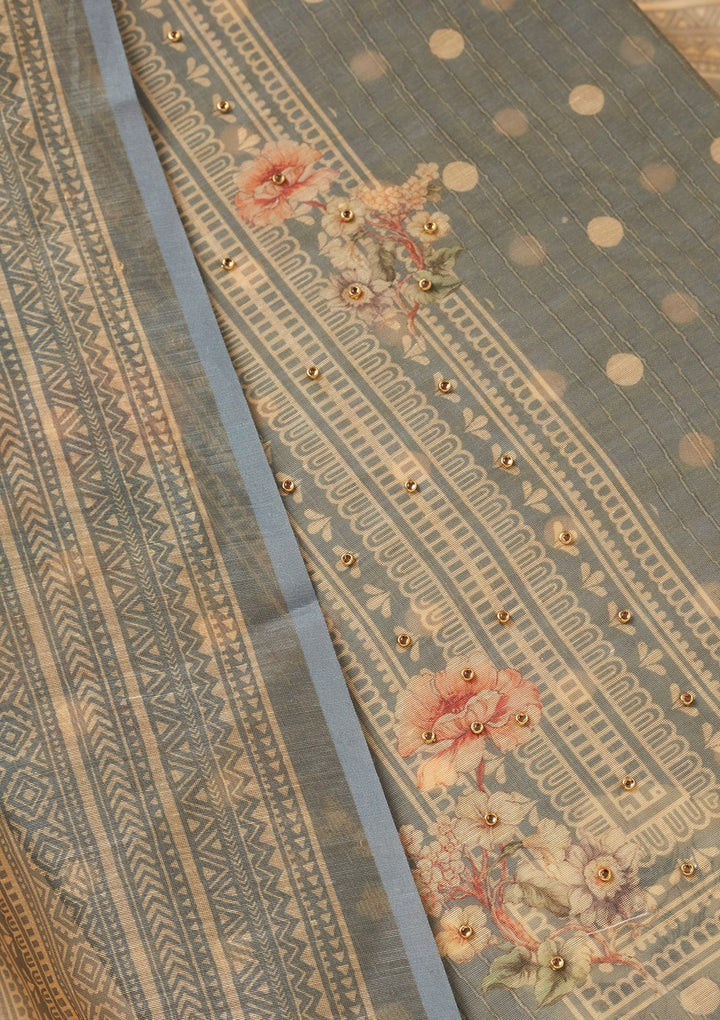 Light Grey Zariwork (Gold) Chanderi Unstitched Salwar Suit