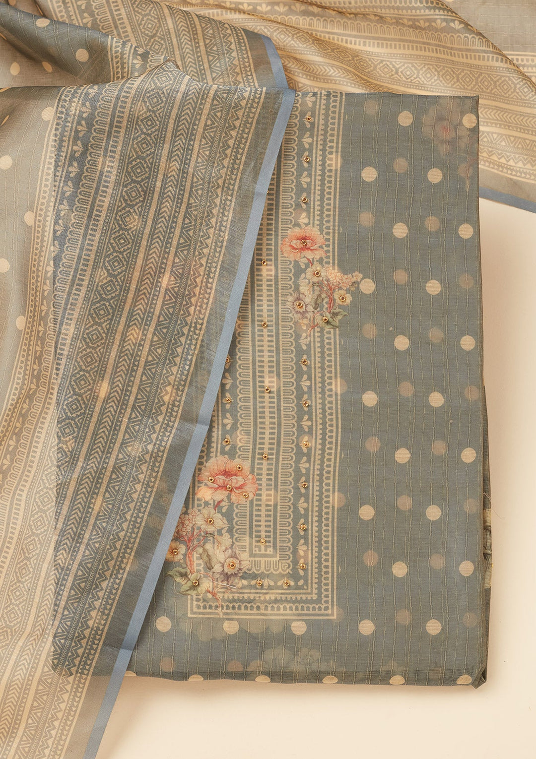 Light Grey Zariwork (Gold) Chanderi Unstitched Salwar Suit