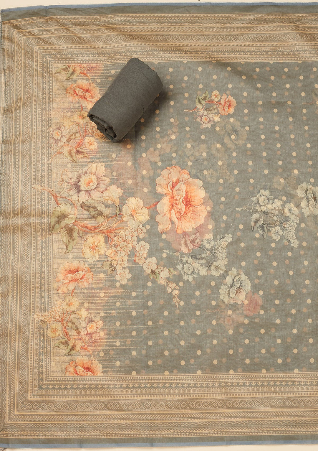 Light Grey Zariwork (Gold) Chanderi Unstitched Salwar Suit