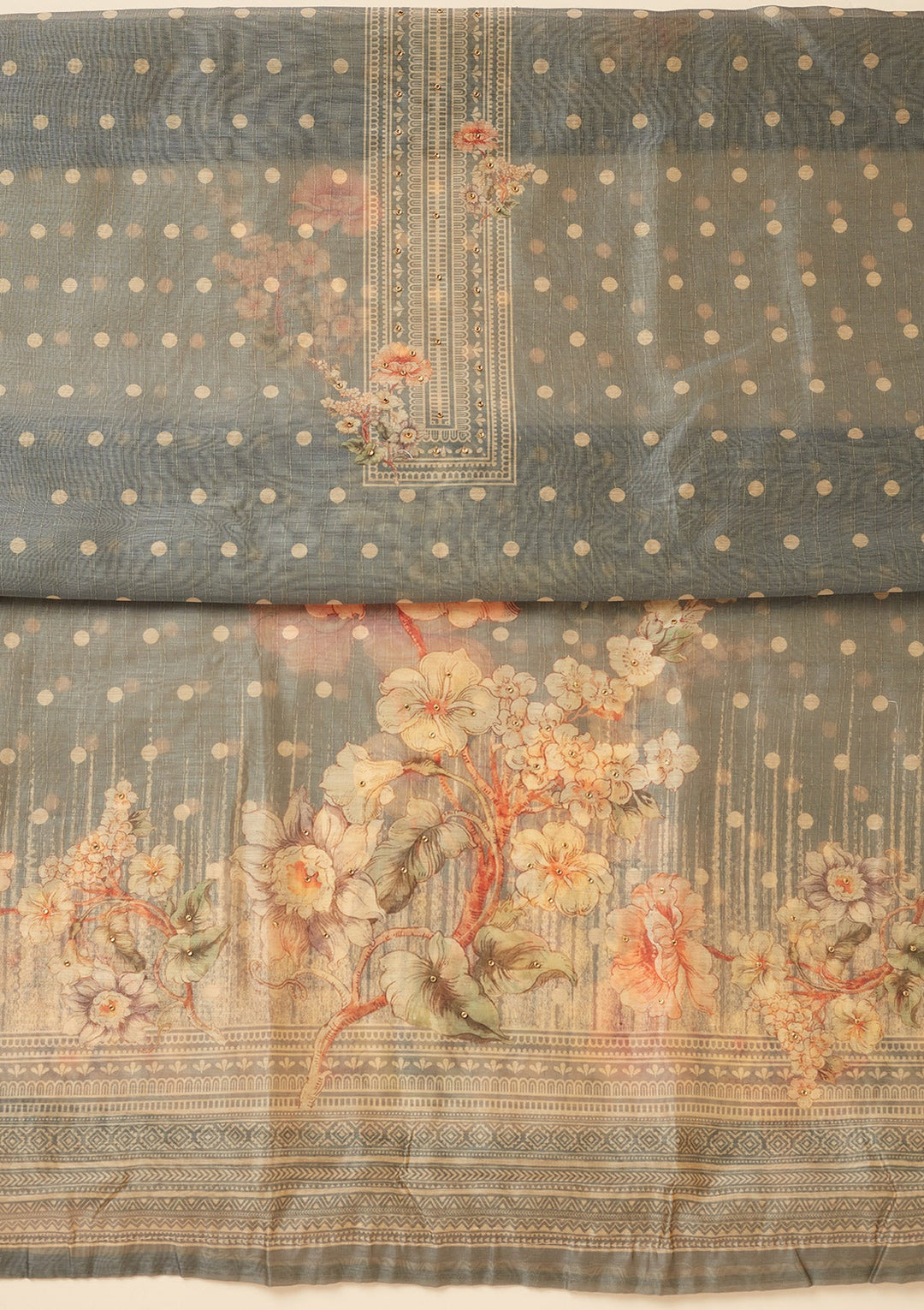 Light Grey Zariwork (Gold) Chanderi Unstitched Salwar Suit