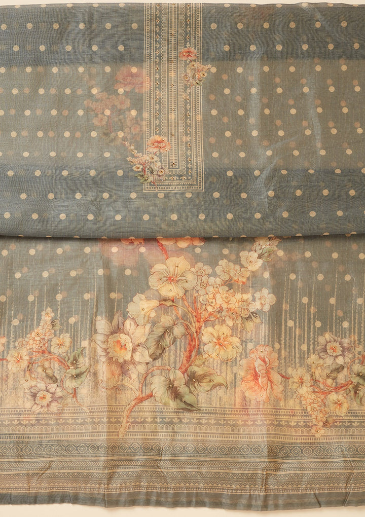 Light Grey Zariwork (Gold) Chanderi Unstitched Salwar Suit