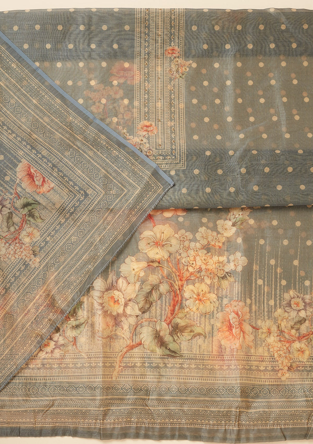 Light Grey Zariwork (Gold) Chanderi Unstitched Salwar Suit