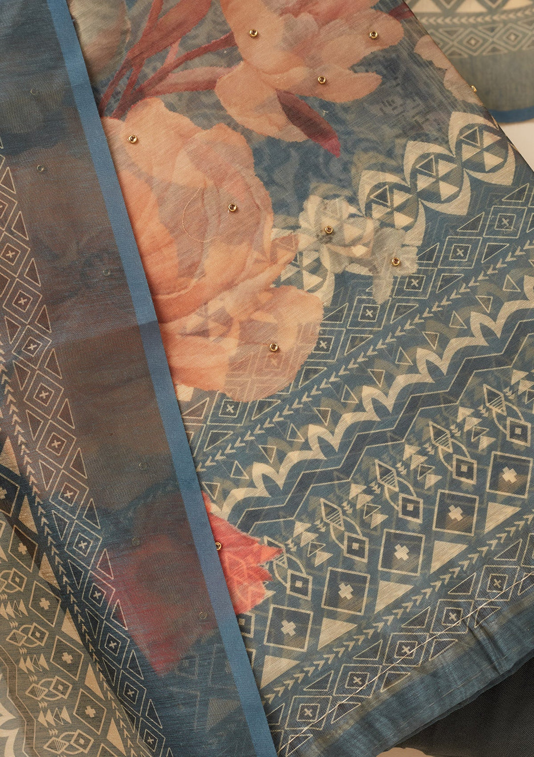 Dark Grey Zariwork (Gold) Chanderi Unstitched Salwar Suit