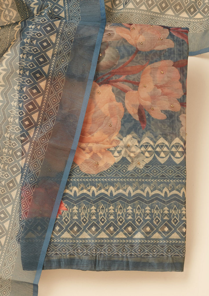 Dark Grey Zariwork (Gold) Chanderi Unstitched Salwar Suit