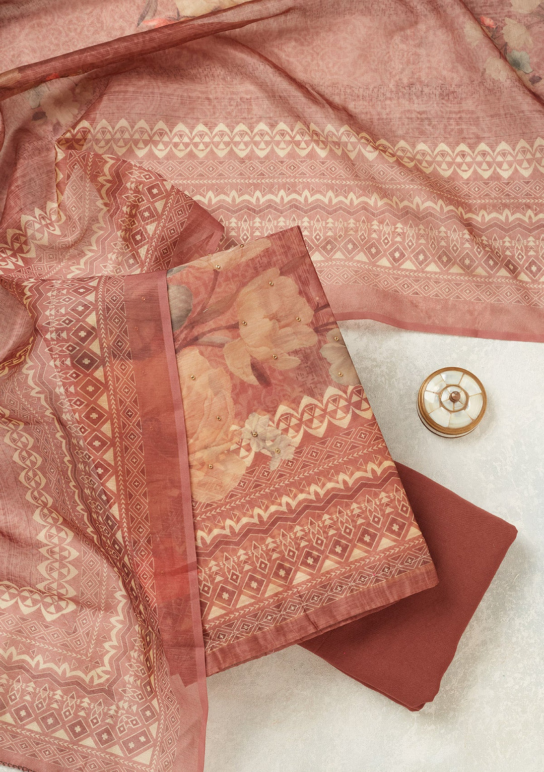 Onion Pink Zariwork (Gold) Chanderi Unstitched Salwar Suit
