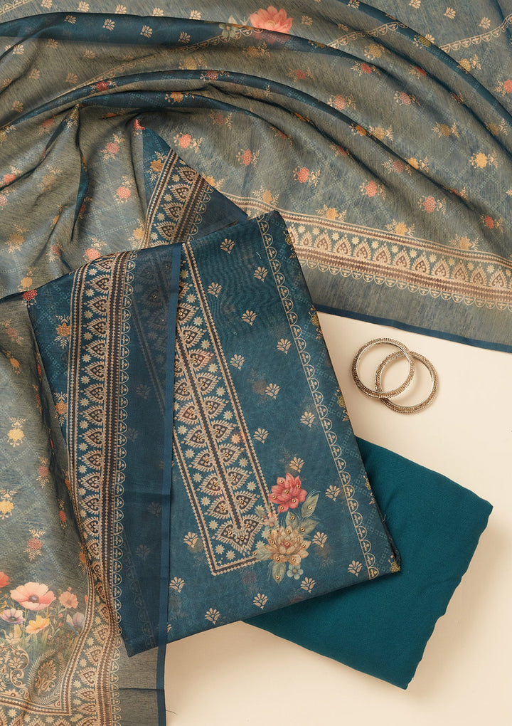 Peacock Blue Zariwork (Gold) Chanderi Unstitched Salwar Suit