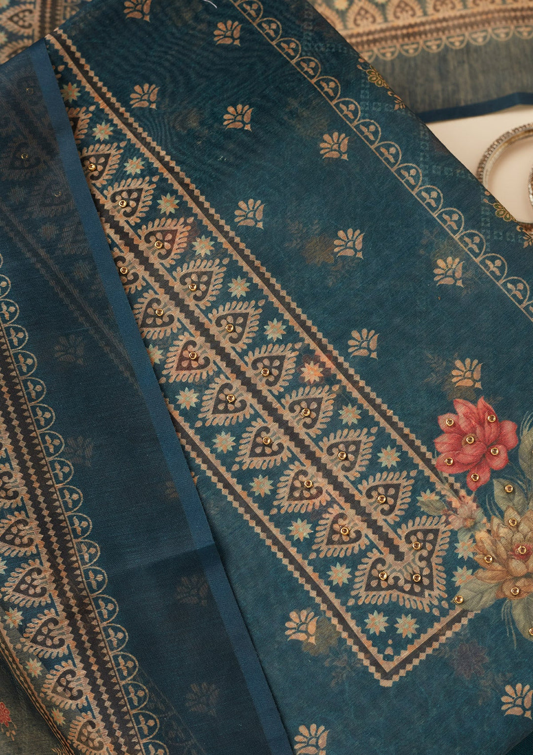 Peacock Blue Zariwork (Gold) Chanderi Unstitched Salwar Suit