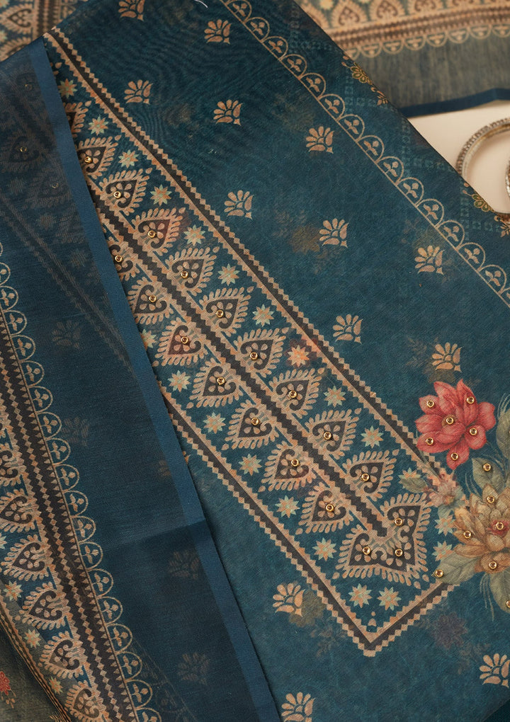 Peacock Blue Zariwork (Gold) Chanderi Unstitched Salwar Suit