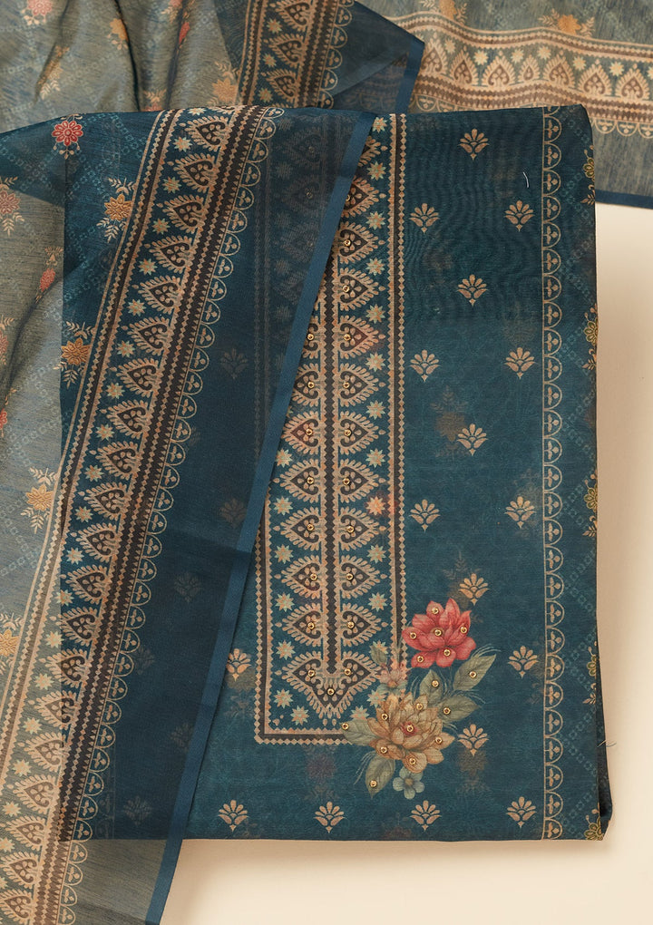 Peacock Blue Zariwork (Gold) Chanderi Unstitched Salwar Suit