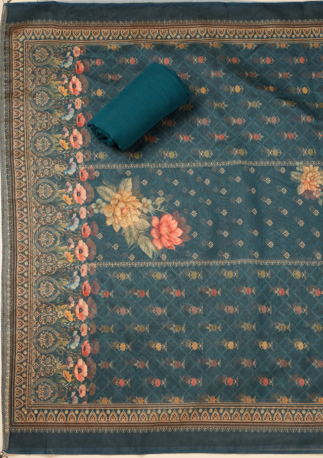 Peacock Blue Zariwork (Gold) Chanderi Unstitched Salwar Suit
