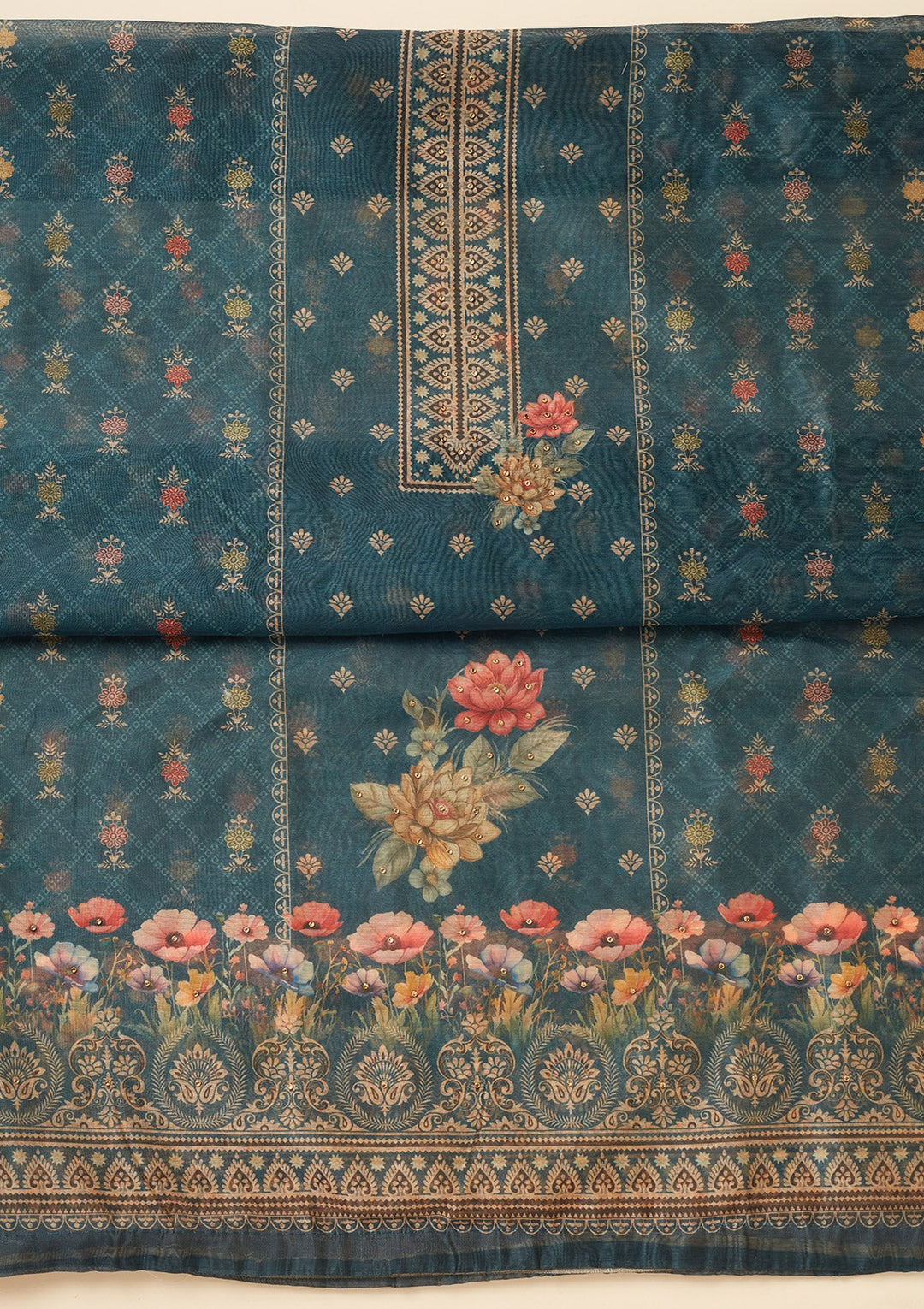 Peacock Blue Zariwork (Gold) Chanderi Unstitched Salwar Suit