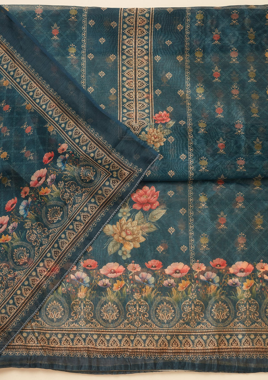Peacock Blue Zariwork (Gold) Chanderi Unstitched Salwar Suit