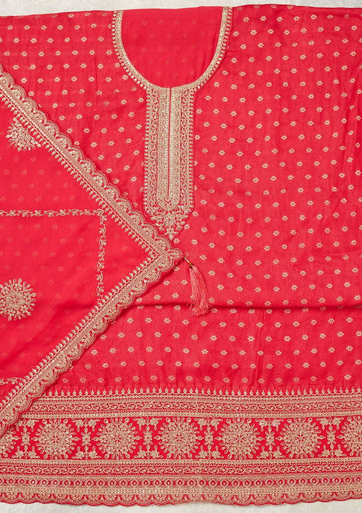 Magenta Pink Zariwork (Gold) Chanderi Unstitched Salwar Suit
