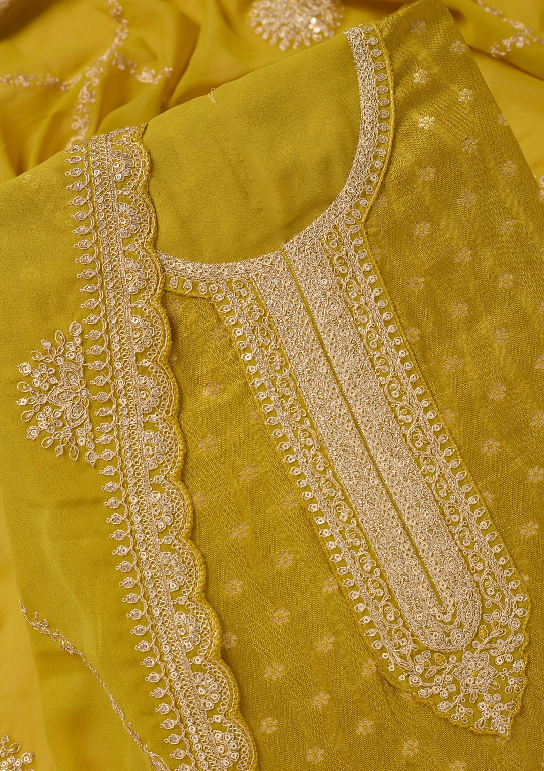 Mustard Zariwork (Gold) Chanderi Unstitched Salwar Suit
