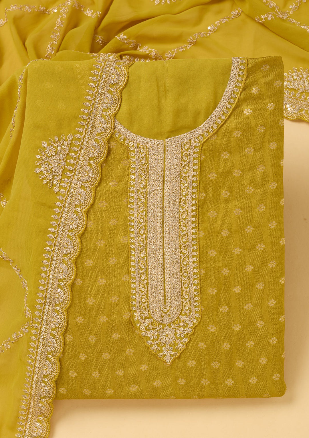 Mustard Zariwork (Gold) Chanderi Unstitched Salwar Suit